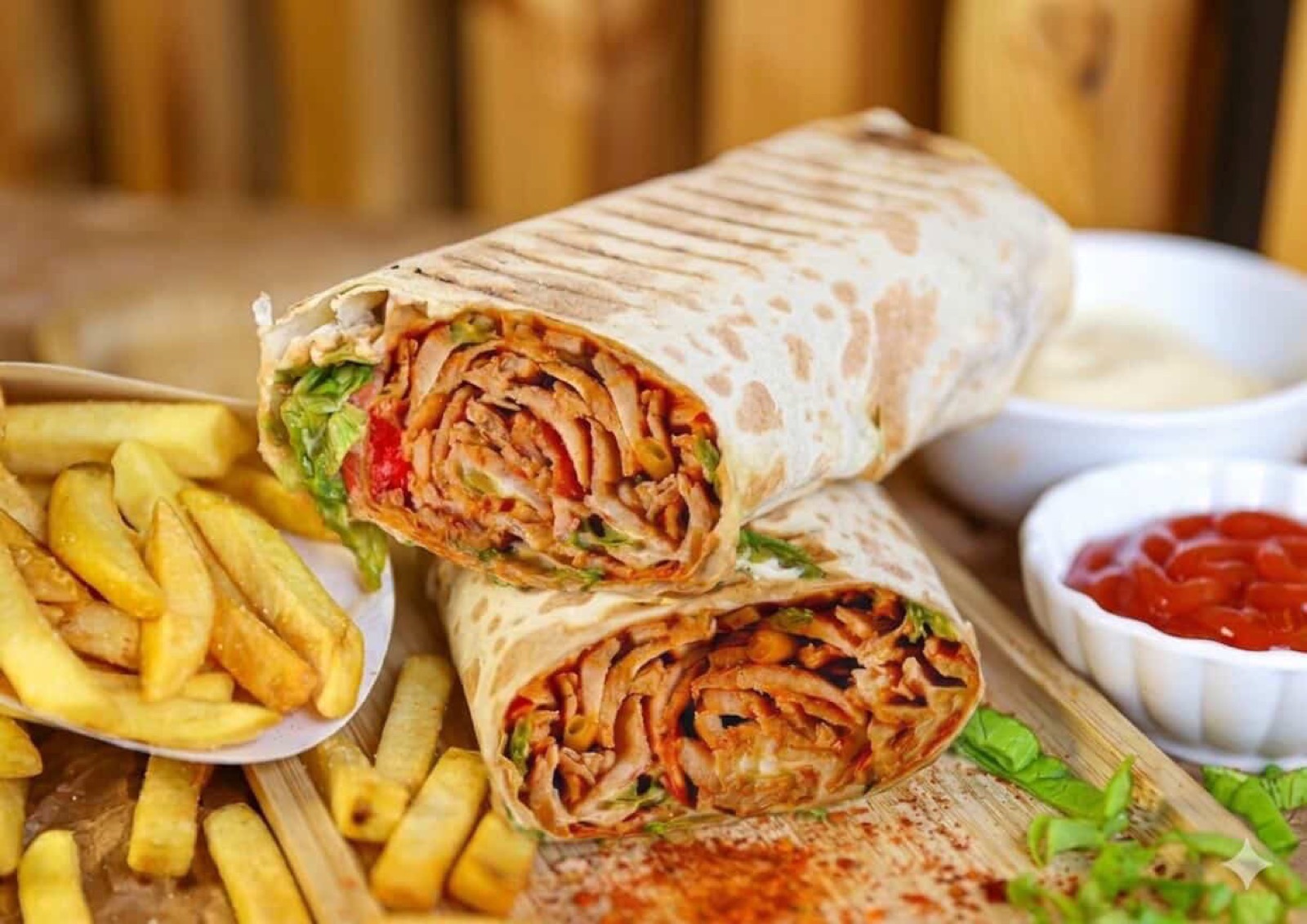 SHAUROOM shawarma wrap sliced open, served with fries and sauces